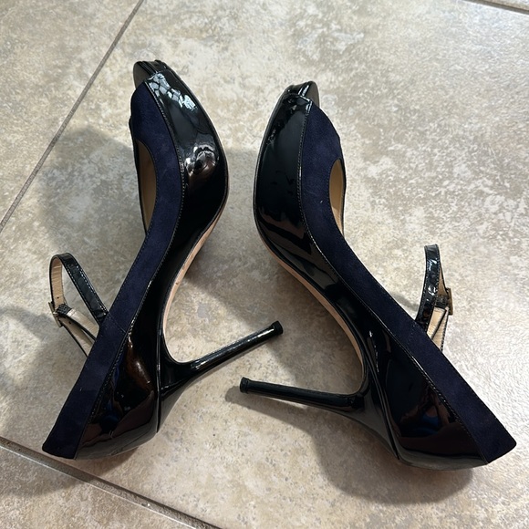 Jimmy Choo Black and Navy Patent and Nubuck Leather Peep Toe Mary Jane Pumps - Picture 5 of 16